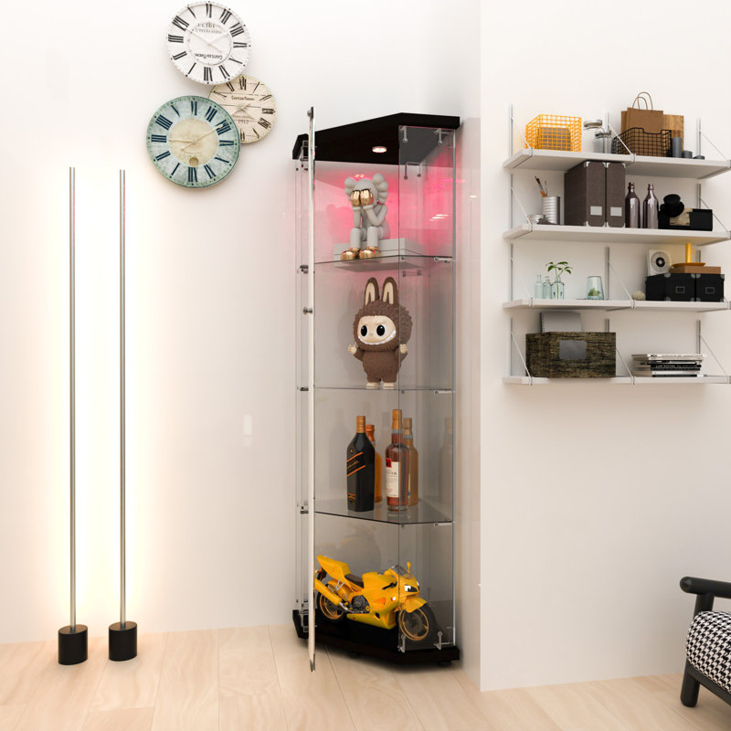 Vitrine en verre avec 4 tablettes, forme pentagonale, éclairage DEL et installation rapide pour le salon, la chambre à coucher ou le bureau
