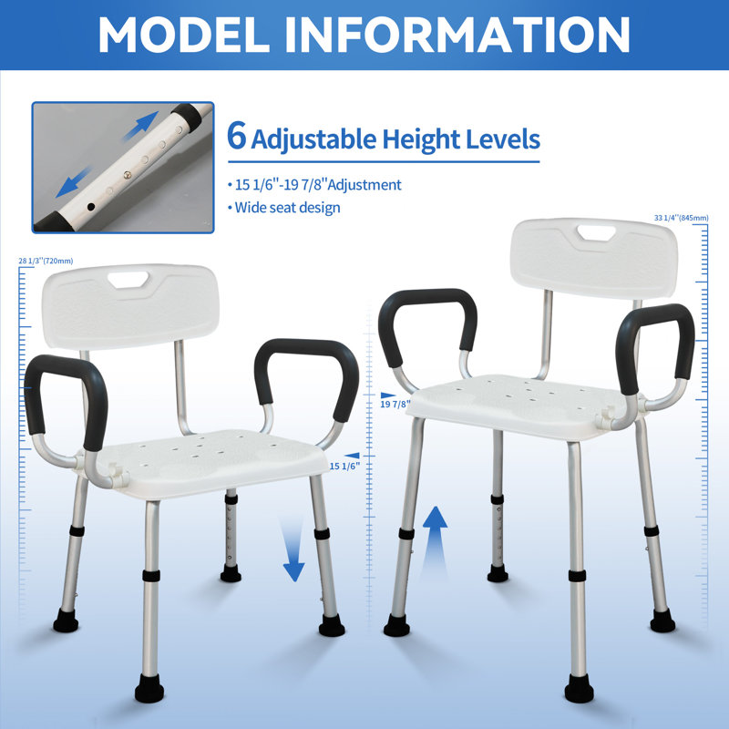 Shower Chair with Padded Armrests & Back,Heavy Duty Adjustable Height Shower Stool,330lb Capacity Slip Resistant Bath Bench for Bathtub & Shower