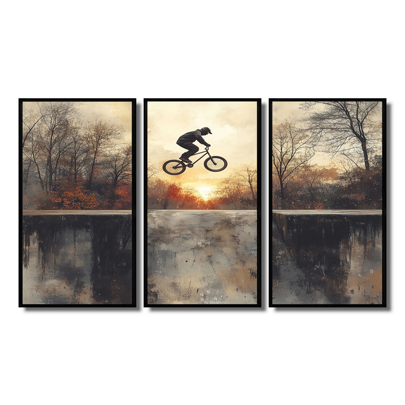 «Black Street Bmx Bike Tricks - Cycling», ensemble d'art mural, Toile avec cadre flottant noir, H 32 po x l 48 po x P 1 po