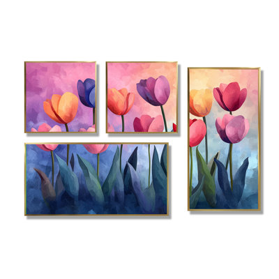 «Blue Velvet Sky Pink Tulips Fiedl», art mural floral 4 pièces