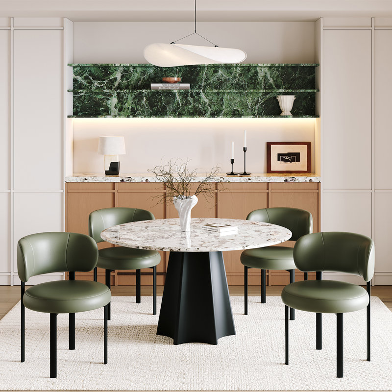 Mid-century Modern Upholstered Dining Chair Set Of 4, Round Seat With Curved Backrest, Metal Legs, Green