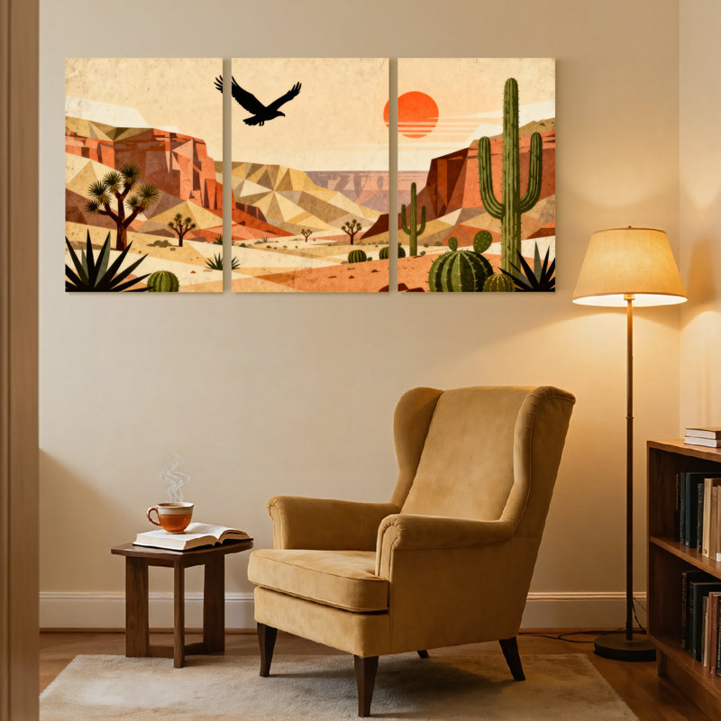 Paysage et nature, paysage désertique avec cactus et aigle, ensemble de 3 impressions sur toile, H 36 po x l 72 po