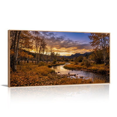 Autumn Aspen Trees by Stream at Sunset Canvas Wall Art