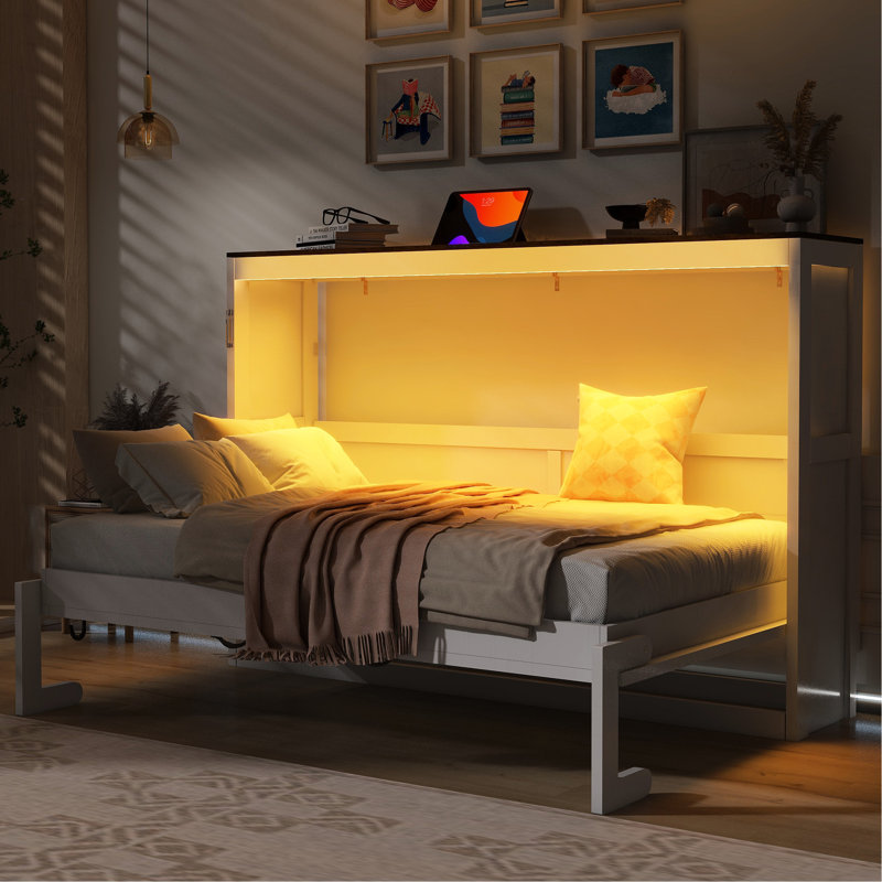 Lit mural simple blanc et brun avec éclairage à DEL, armoire pliable, bois massif, ouverture hydraulique lisse, idéal pour les espaces de travail à la maison dans les petites résidences, bois, système, dortoirs de bonne étude