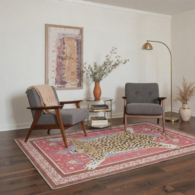 Apex Animal Print Machine Washable Leopard / Merlot Indoor Area Rug With Non-Slip Backing