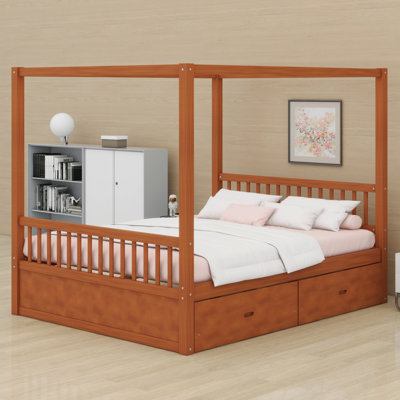 Four-Poster Wooden Canopy Bed with Storage Drawers