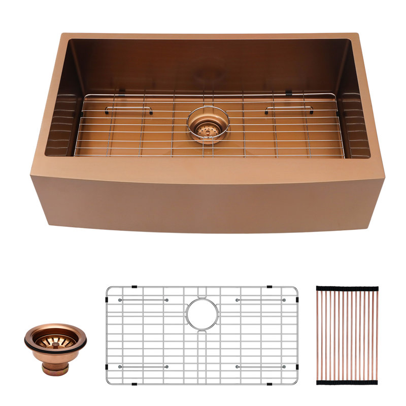 Évier avant à tablier en or rose 30 pouces, acier inoxydable T304 de calibre 16, surface non poreuse, avec grille de séchage et bosses à pinces,