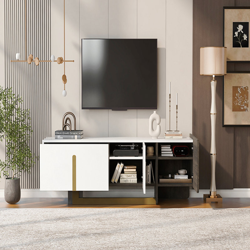 Meuble télé à deux tons avec cadre en métal doré pour le salon, White