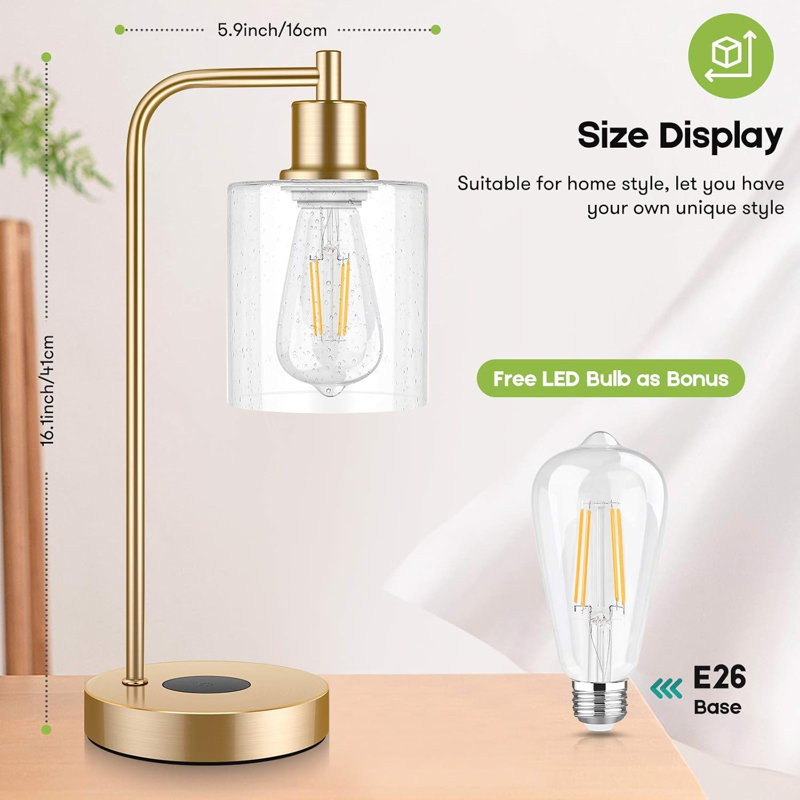 Set Of 2 Wireless Charging Industrial Table Lamp, Gold