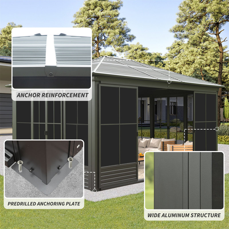 12X14ft Outdoor Sunroom, Galvanized Steel Hardtop Enclose Gazebo Sloping Roof, All Weather Aluminum Solarium Screen House For Patio Deck Backyard With Lockable Door, Moveable PC Screen