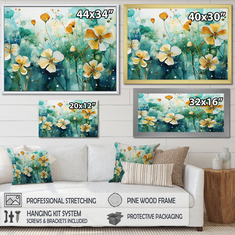 Élégance florale beige et botanique transparente sur toile, H 24 po x l 32 po x P 1 po, Cadre photo blanc