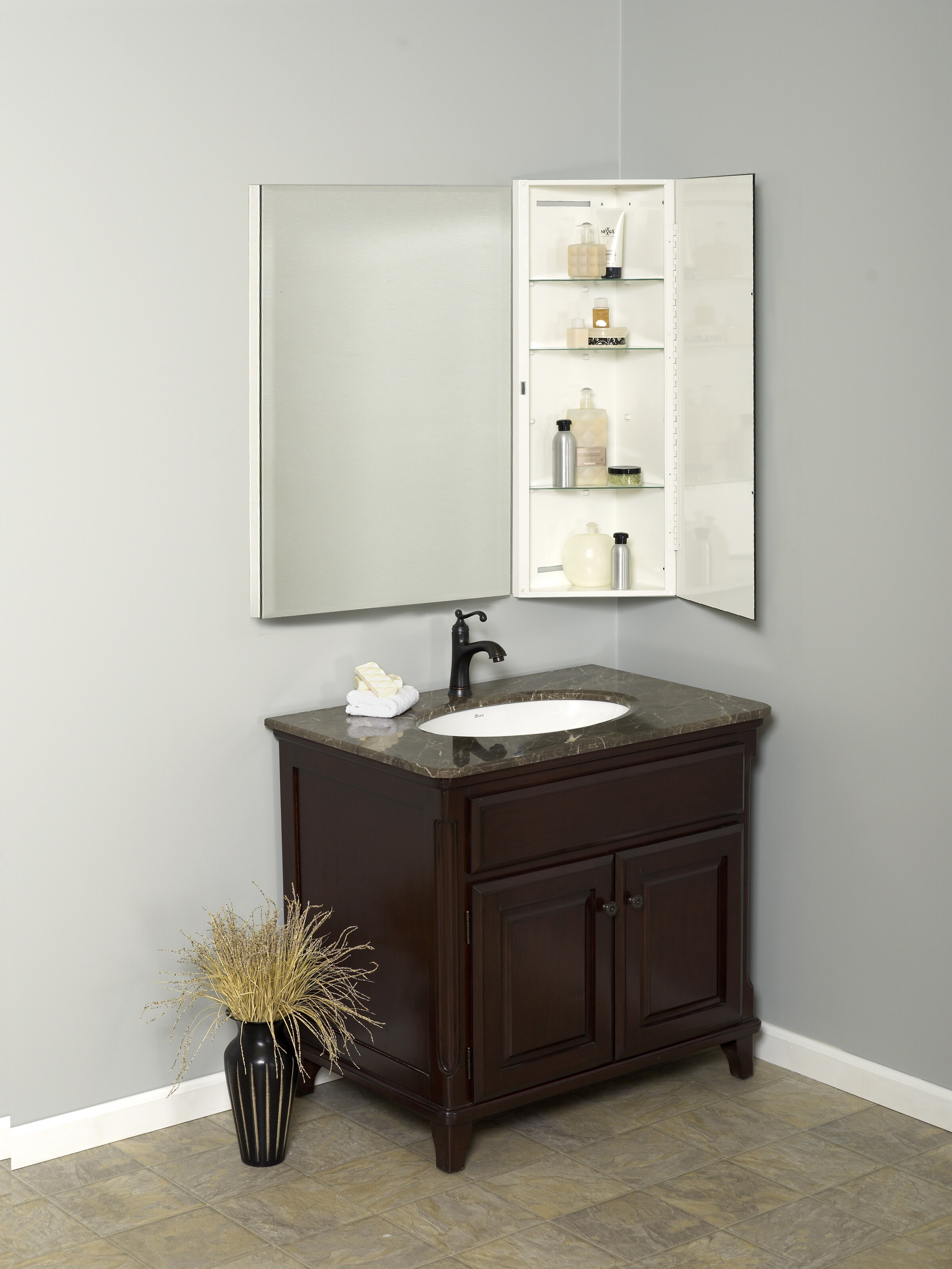 Zenith Frameless Beveled over-the-Mirror Rectangle Corner Medicine Cabinet,  14.25 x 36, White 