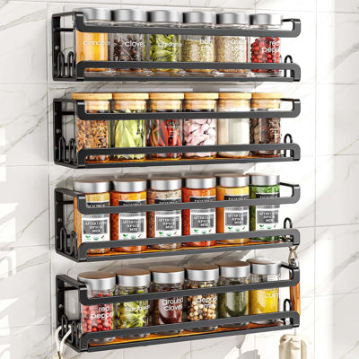 4‑Pack Wall‑Mounted Spice Rack, Hanging Organizer with 16 Hooks, Screw & Drill‑Free Adhesive Installation