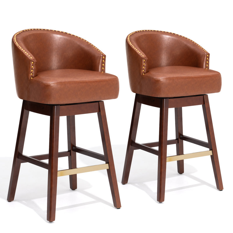 Swivel 31.9'' Faux Leather Bar Stool with Solid Wood Legs, Brown, Reddish Brown, Bar Stool (31.9" Seat Height)