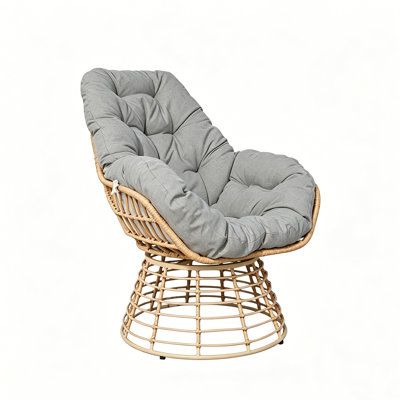 Chaise pivotante d'extérieur avec coussin Papasan, chaise longue de patio en osier à 360 °, chaise en rotin PE toutes saisons pour la cour arrière