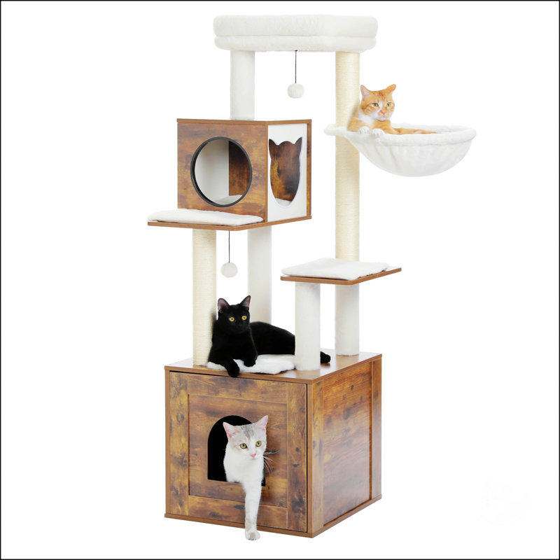 57.5" Brown Wooden Cat Tree with Litter Box Enclosure