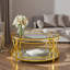 Table basse ronde avec plateau en verre trempé, structure en métal géométrique et tablette inférieure-875265715