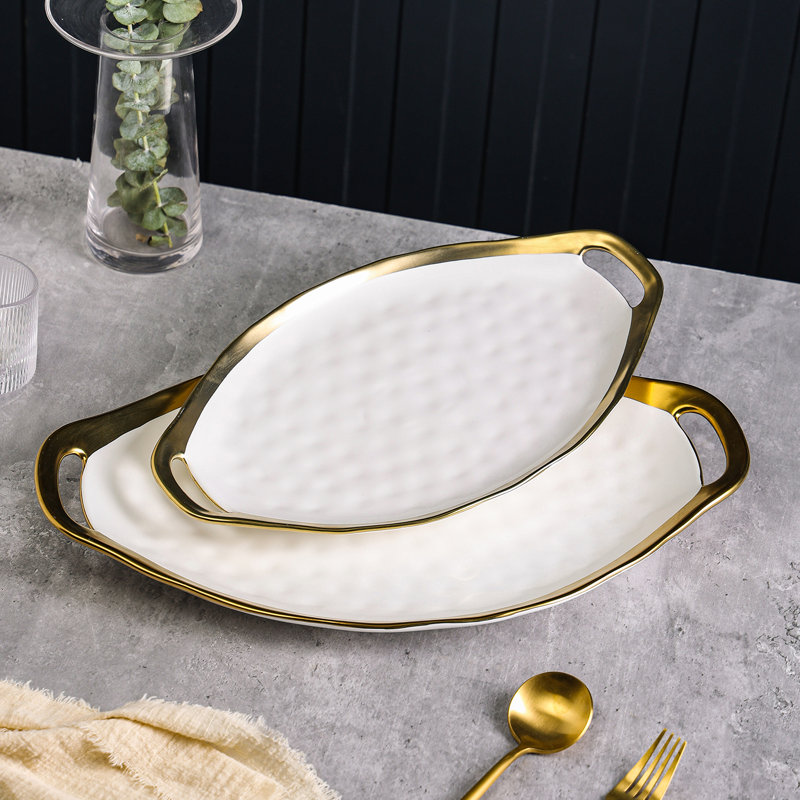 Stone Lain Florian 2-Piece Serving Oval Tray Plate Set Porcelain, White