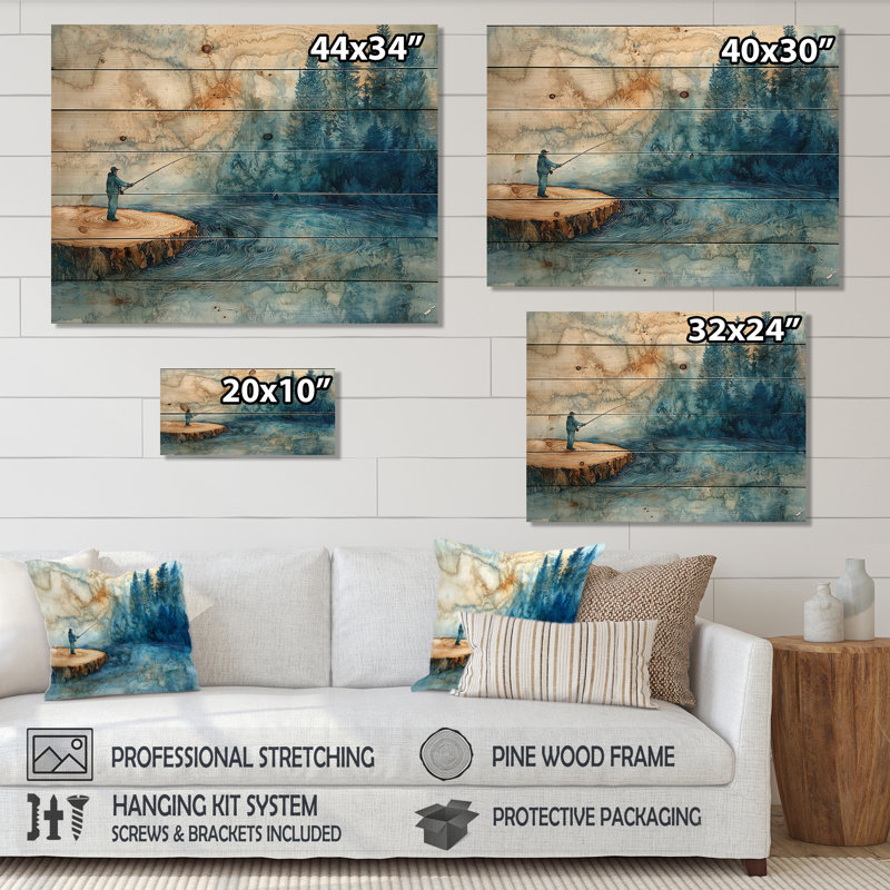 Wood Slide Fishing Into The Winter River - Hunting & Fishing Wood Wall Art - On Natural Pine Wood, 30" H x 40" W