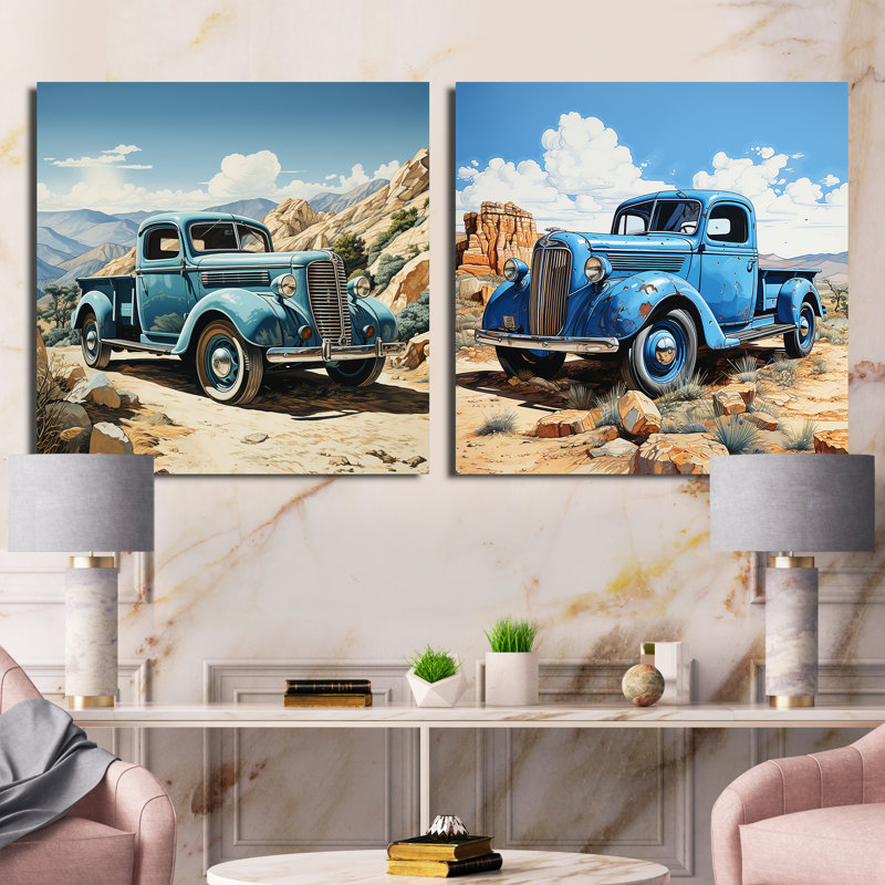«Blue Vintage Pickup In Nevada», 2 pièces, Toile tendue, H 16 po x l 33 po