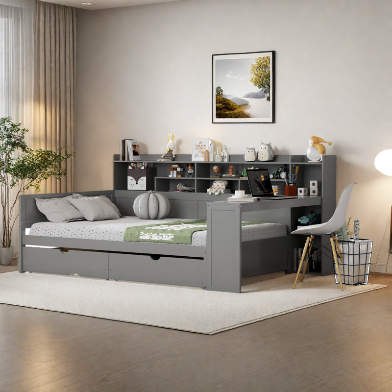 Wooden Multi-Functional Daybed With Storage Shelves, 2 Drawers And Study Desk, Full/Double