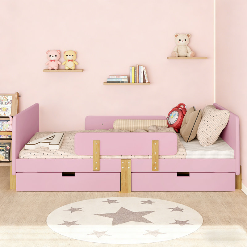Kids Daybed Frame with Storage Drawers and Safety Guardrails,  Wood Daybed with Headboard and Hook Organizer, Pink, Full