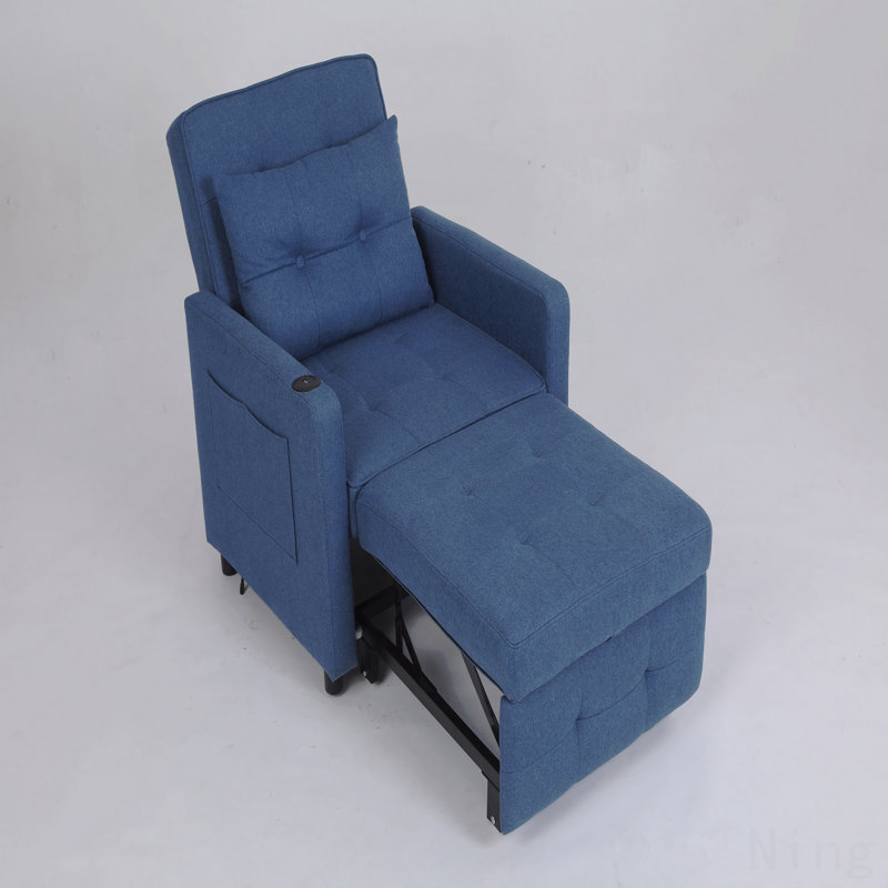Fauteuil-lit inclinable 3-en-1 en lin bleu marine - ports USB, poche latérale, canapé-lit escamotable, Bleu