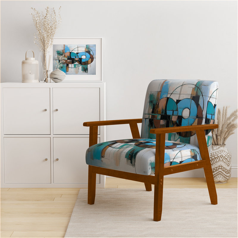 Mid-Century Accent Chair, Colorful Abstract Upholstered Armchair - Colorful Mid Century Abstract Fusion I, Brown Square Arms