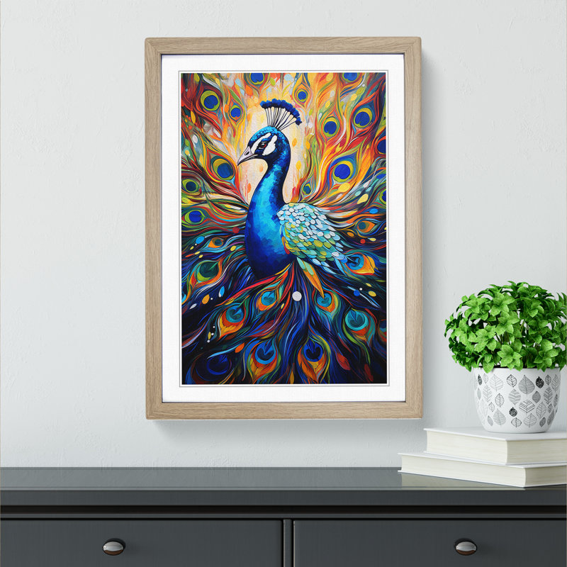 Peacock - Single Picture Frame Print on Wood, Oak Framed, 34cm H x 25cm W
