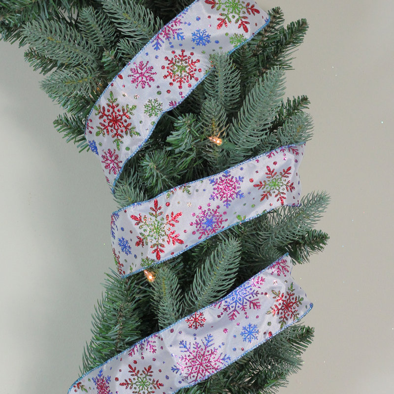 Ruban de Noël bleu et blanc câblé avec flocons de neige 2,5 po x 16 verges