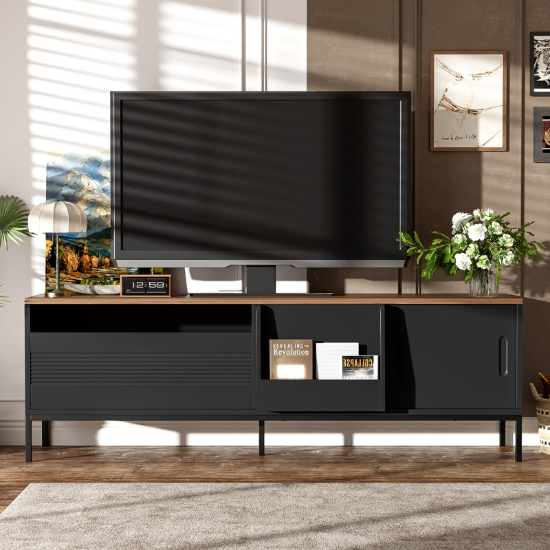 Tv Stand For Tvs Up To 75", Sliding Door, Mid-Century Modern, Living Room Media Console, Brown/Black