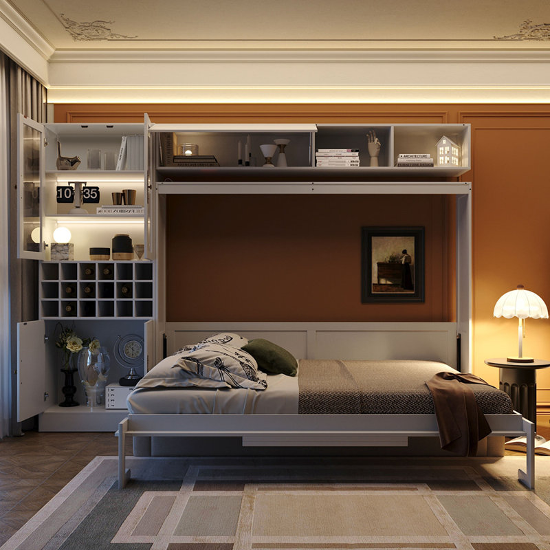 Lit escamotable mural avec canapé, tablettes USB et lumière Murphy, Blanc / Blanc, Grand lit