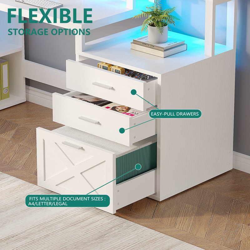 Ravleen 66'' W L-Shaped Computer Desk with Cube Shelves and Cabinet, White