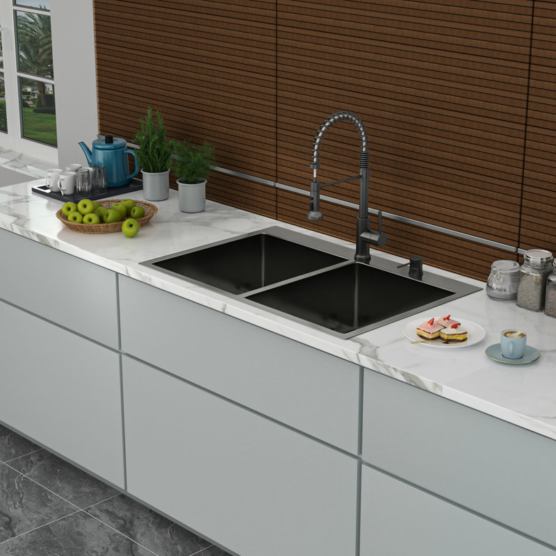 33"X22" Gunmetal Black 16 Gauge Double Bowl Drop In Sink With 10" Deep Basins, 50/50 Design For Improved Kitchen Workflow, Hand - Crafted Rear 3.5 Drain, X Grooves Easy Water Disposal, 3Mm Sound