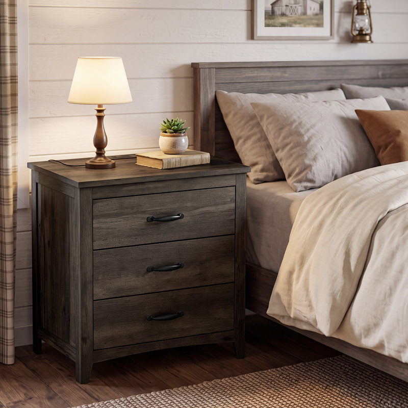 Allenside 24'' W 3-Drawer Nightstand with Charging Ports, Taupe