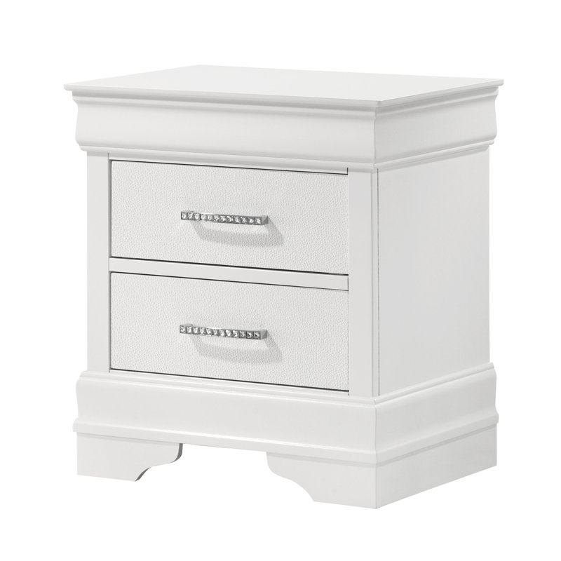 Table de chevet blanche à 2 tiroirs avec attrait moderne - Bois massif, finition texturée et ornementation à losanges