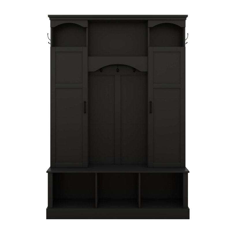 Hall Tree With Bench And Shoe Storage, Hall Tree With Adjustable Shelves, Arched Storage Bench With Cabinets, 7 Hooks, Black