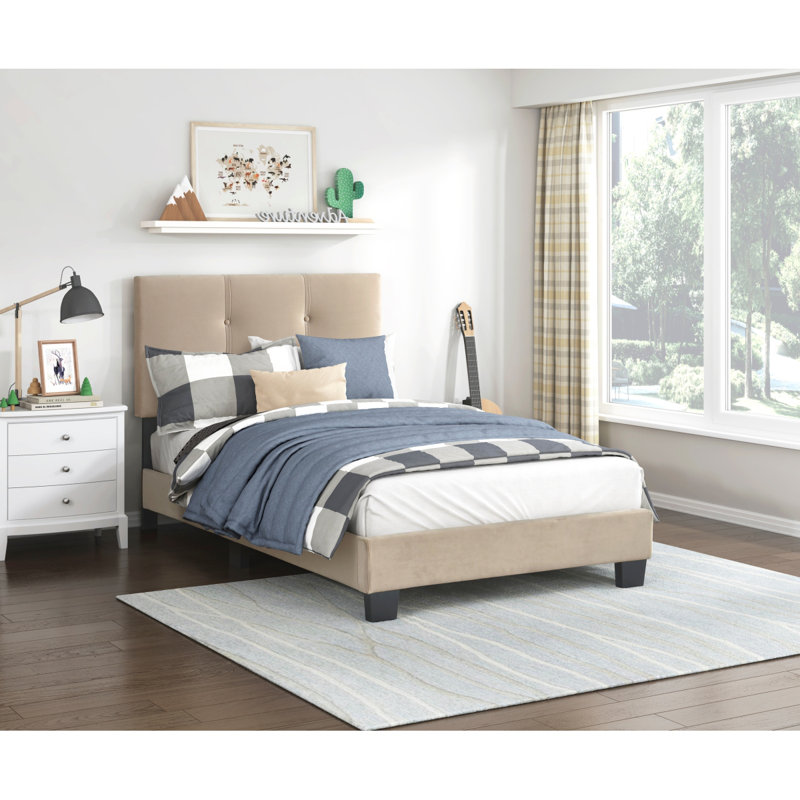 1Pc Platform Bed Velvet Upholstered Adjustable Height Headboard Button Tufted Solid Wood Bedroom Furniture, Twin