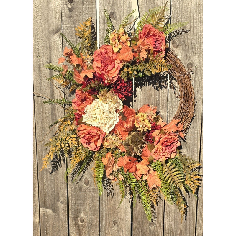 White Hydrangea, Peony And Pumpkin Fall Wreath