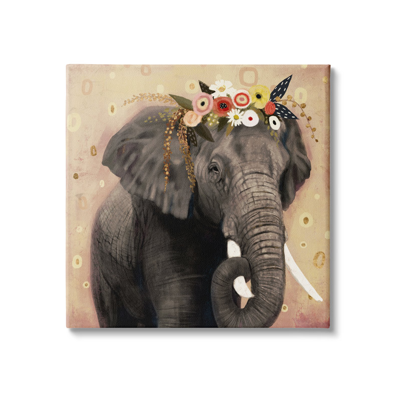 Éléphant, grandes défenses, couronne de fleurs, motif abstrait, impression, Toile tendue, H 24 po x l 24 po x P 1,5 po