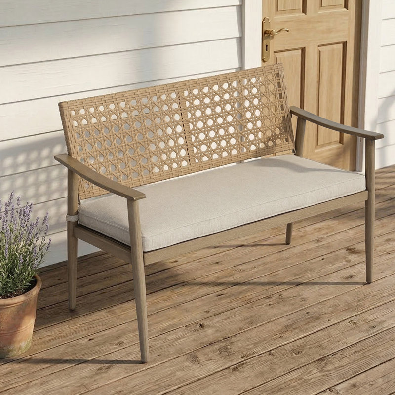 Metal Outdoor Bench Patio Loveseat with PE Wicker Backrest & Cushion for Outdoor/Indoor