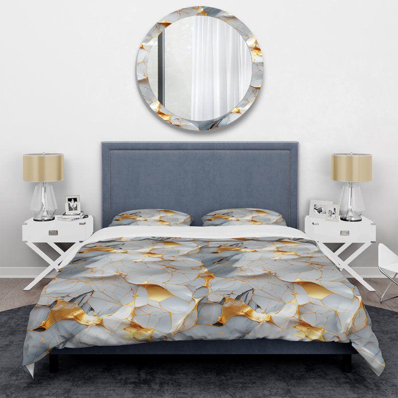 Literie en marbre doré doré et blanc opulence de luxe, Housse de couette pour grand lit et 2 taies décor