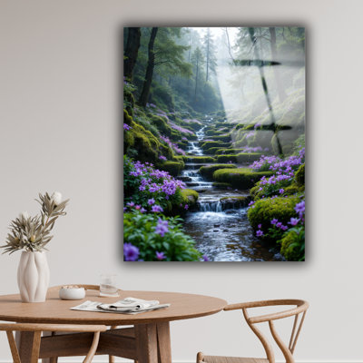 Fleurs mauves, forêt, art mural en verre trempé