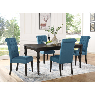 Urban Style Wood Dark Wash Turned-Leg Dining Set: Table and 4 Chairs, Blue