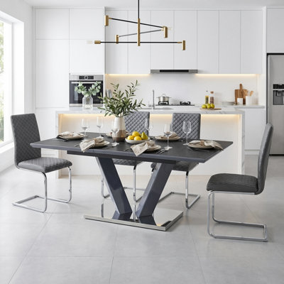 Speece Modern & Contemporary Sintered Stone 5-Piece Dining Set with Extendable Butterfly Leaf Table & 4 Faux Leather Side Chairs, Seats 4