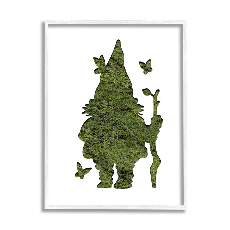 Créature de jardin, gnome avec des papillons, motif d'herbe, ferme rustique encadrée, estampe numérique de Daphne Polselli