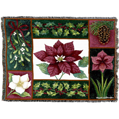 Couverture de Noël Pure Country Weavers Flora par Stephanie Stouffer - Jeté en tapisserie poinsettia tissée en coton - Fabriqué aux États-Unis (72x54)
