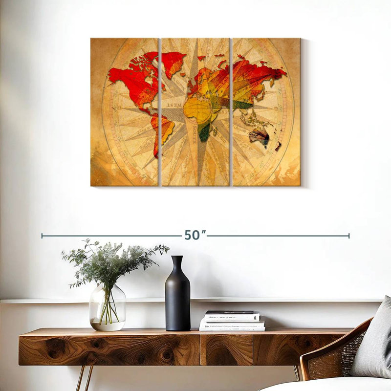 «World Map Old Compass World Map», reproduction sur toile 3 pièces par Tess P, H 24 po x l 38 po x P 1,25 po