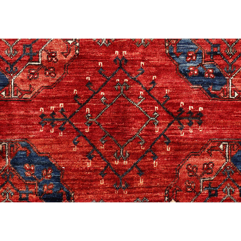 Tapis rouge / rouille / bleu marine noué à la main de haute qualité et unique