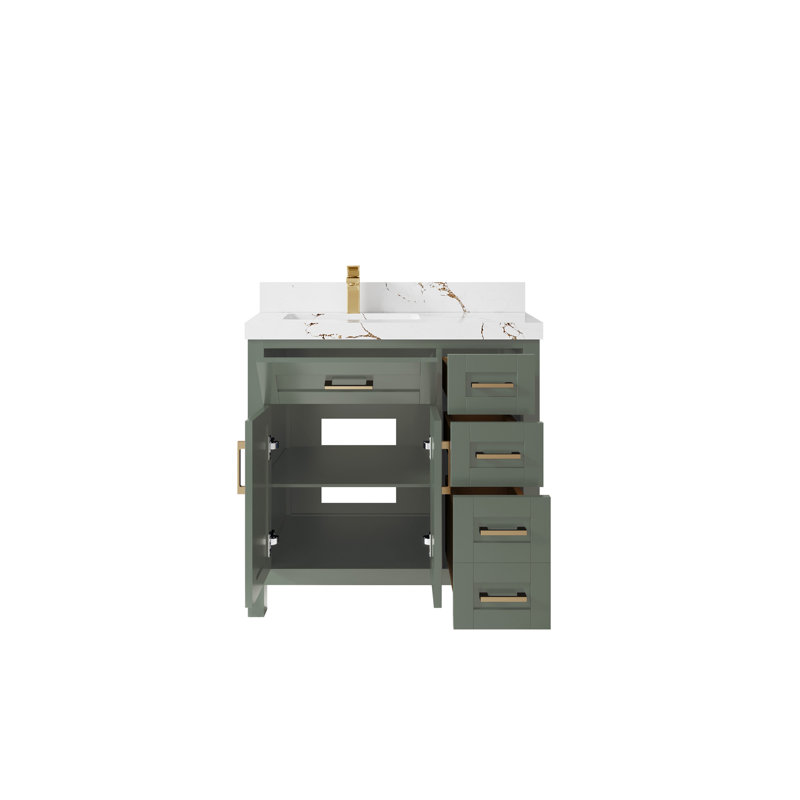Cambridge 36 In. W X 22 In. D Left Offset Sink Bathroom Vanity In Evergreen With 2 In. Carrara Marble, Brun Viola